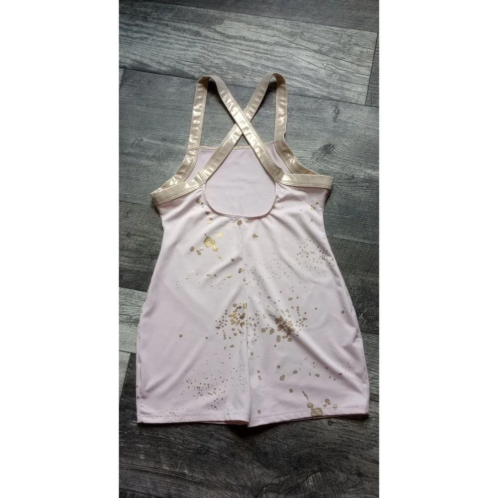 Justice Girls XL 16/18 Pink/Metallic Gold Paint Splatter Pattern Dance Biketard